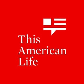 The cover art for This American Life. The podcast's title is written in white serif text in front of a red background. A minimalist illustration of an American flag combined with a speech bubble is in the top right corner, by the title.