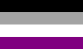 Asexual Pride Flag: from top to bottom, lines in black, gray, white, and purple.