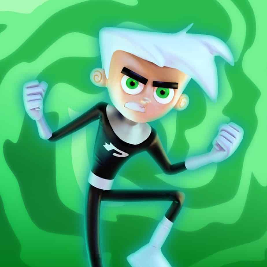 An image of Danny Phantom in Ghost mode, with white hair, green eyes, a black and white... costume...?, behind a swirly green background. He's standing with one knee up, his fists out, and his teeth gritted, pose of an emo kid who just wants to wail on someone in the mosh pit. I loved Danny Phantom, because I am a bisexual. Hi, welcome to Editor Wil's Alt Text.