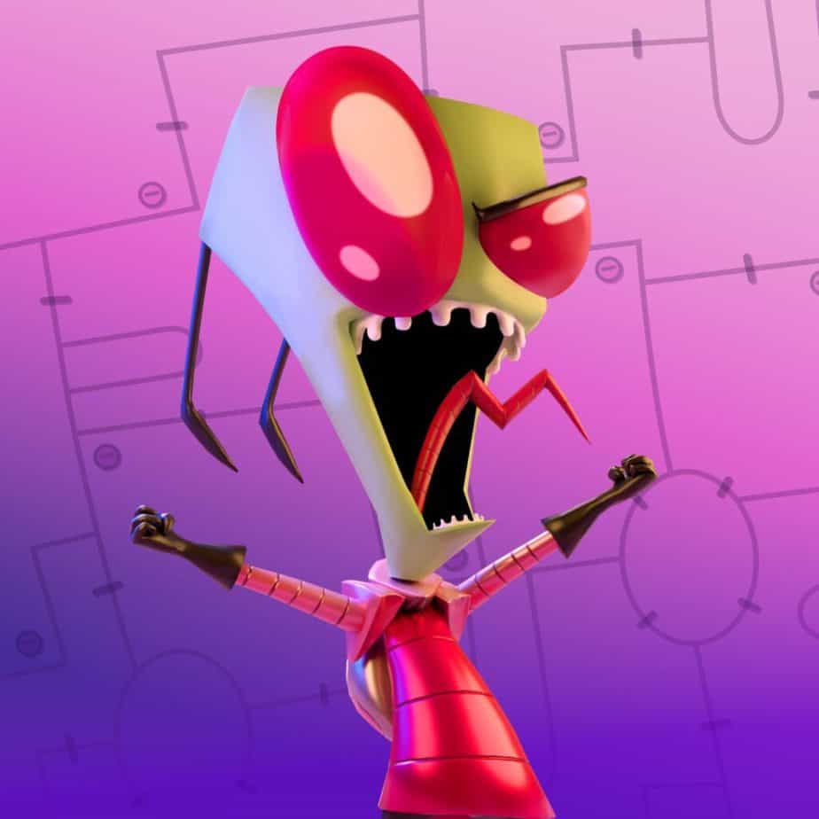 An image of Zim, a bizarre and angular green alien, shouting. His black antennae point down from the back of his head, and his bulbous eyes are pink-red. A zig-zag pink tongue juts out of his mouth between his square-shaped teeth as he does a yell. His fists are both extended in either triumph or outrage. He wears a pink... getup...? with black gloves and a small silver backpack. The background is purple with circuitry-like illustrations. As a bona fide Hot Topic kid growing up, I can say this is devastatingly Eddie's best read here.