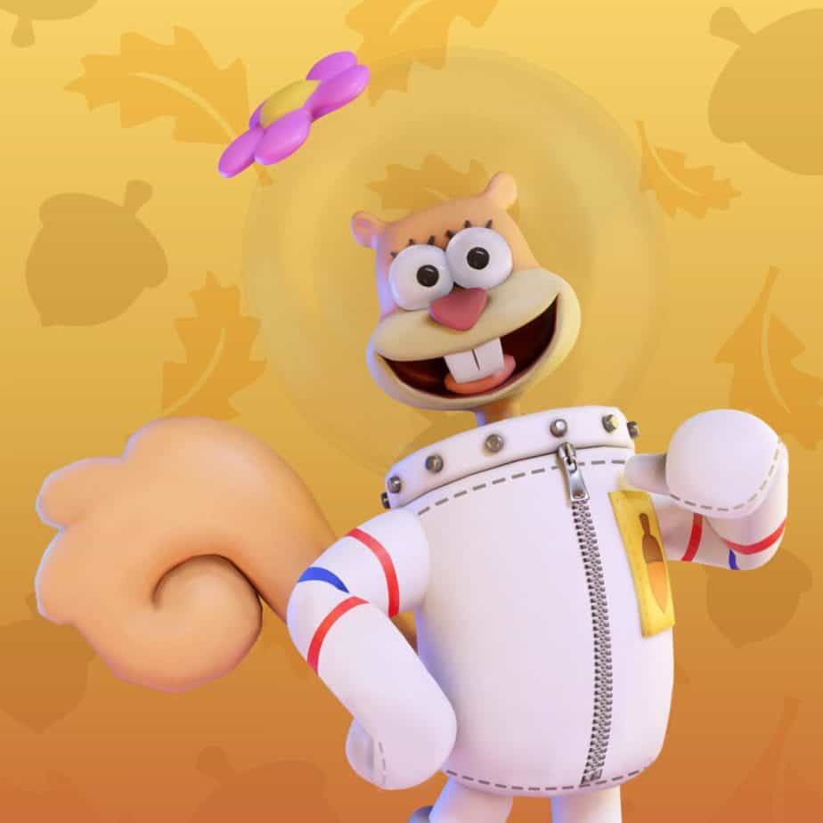 A picture of Sandy Cheeks, a bucktoothed squirrel in an astronaut suit and helmet. Her fur is pale brown, and her fluffy tail sticks out from the suit. She has decorated the clear, spherical helmet with a little pink flower, because she's perfect. She's gesturing to herself with her thumb while her other fist sits at her hip. She's in front of a yellow background with acorns and fall leaves. Hey did you know the full Spongebob musical is on Youtube in high quality and it fucking rips? It just absolutely fucking rules? It goes the hardest it could go over and over? No for real. No I'm not kidding though