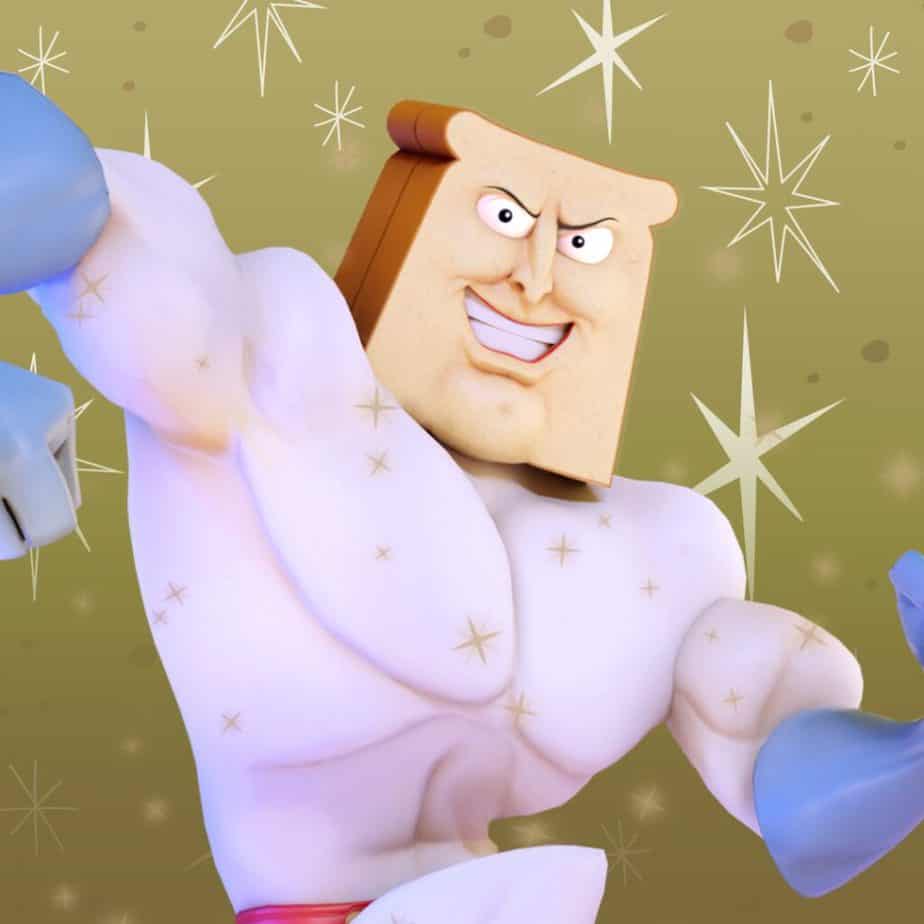 Okay. Um--this is Powdered Toast Man. He's a superhero in a white costume with blue gloves and a red belt. His costume has gold midcentury-style stars on it, which are also in white on the gold background. And his head is two pieces of toast back to back. Idk man