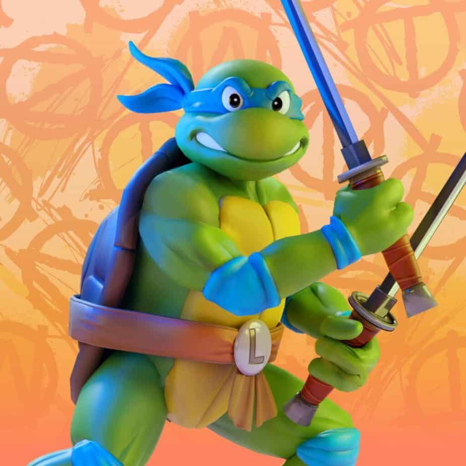 Leonardo is the same shit as the other Ninja Turtle but Blue and Swords: He's a turtle but also, y'know, a ninja. He's a green turtle with a brown shell and a yellow... sixpack? of abs? okay. He's wearing blue accessories including: a superhero mask-like bandana with his eyes showing through, tied behind his head; two katanas, one in each hand; bracelet thingies; elbow pads; a tied karate-like belt with an L medallion in the middle; and kneepads. He's in front of an orange graffiti patterned background.
