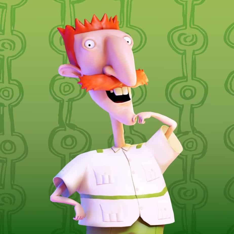 A picture of Nigel Thornberry, a middle-aged man wearing typical explorer's gear. His red hair and mustache are unkempt, his buckteeth are prominent, and his nose is simply gargantuan. He stands in front of a green background with 60s revival circular patterns. He was voiced by Tim Curry and that's kinda like his whole deal.