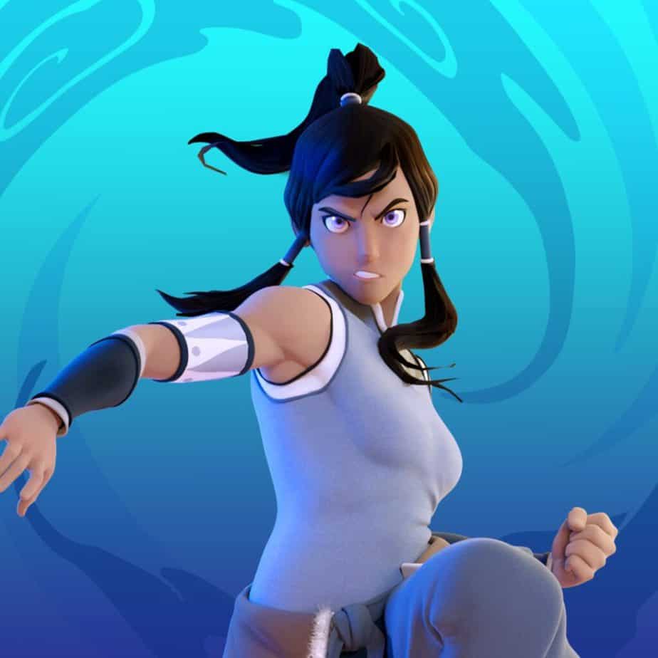 Korra, a strong beautiful bisexual lady revving up to punch someone square in the jaw. She's wearing a blue and white sleeveless shirt with a high collar, a blue and white bracer on her upper arm, a dark blue bracer on her forearm, dark blue pants, and a brown and fluffy white thing tied around her waist like people did in the 90s with hoodies. She has her hair up in a high ponytail, with two long pieces coming down in front, adorned with dark blue tube-shaped accessories around the hair. Her bangs are in her face and she's scowling. Her eyes are INEXPLICABLY purple.
