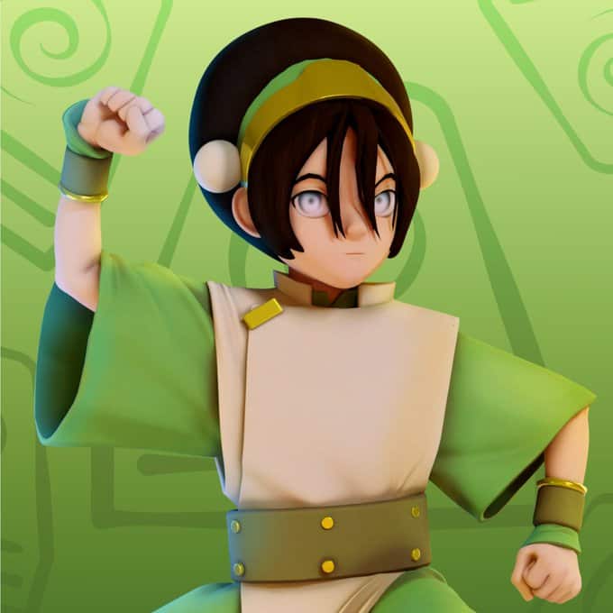 MY GIRL! Toph is a badass like 10-year-old girl who kicks ass and rules. She is in an earthbending pose, an elemental martial arts style, with one fist held up and one fist pointed down, with both arms bent at the elbow. She's wearing a tan tunic over a green half-sleeve shirt and pants. She has on an olive green belt and bracers. Her black hair is made ornately in a circular design with a gold and green headband. Bangs lay casually in her face, and her eyes are silver-white to emphasize that she is blind. She's in front of a green background with Earth Nation insignia. Also Eddie is right