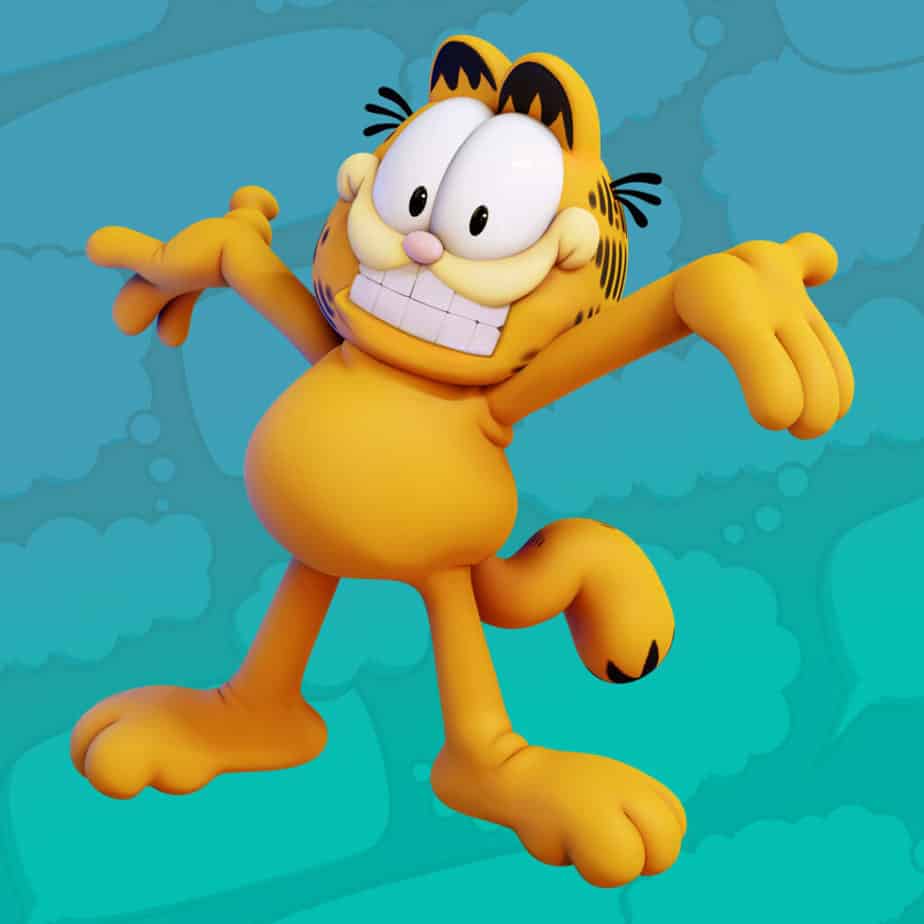 An image of Garfield, a comic book orange tabby cat. He's standing in front of a blue and teal background with illustrations of speech and thought bubbles, and his arms are outspread triumphantly. Everything about his smile and his pose are so wildly out of character. Amazing